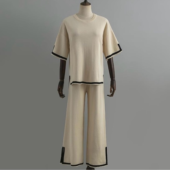 Knit 2 Pieces Sweater Sets Short Sleeve Pullover Tops and Wide Legs Pants - Picture 3 of 7